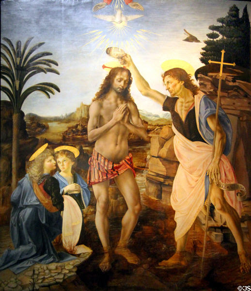 Baptism of Christ painting (1470-5) by Andrea del Verrocchio with angel in profile by Leonardo da Vinci at Uffizi Gallery. Florence, Italy.