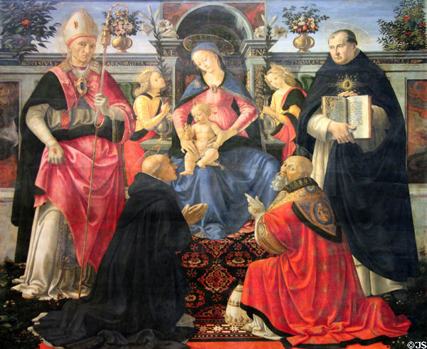 Madonna & Child Enthroned with two angels, St Denis, St Dominic, Pope St Clement, & St Thomas Aquinas painting (c1480-5) by Ghirlandaio (aka Domenico Bigordi) & workshop at Uffizi Gallery. Florence, Italy.