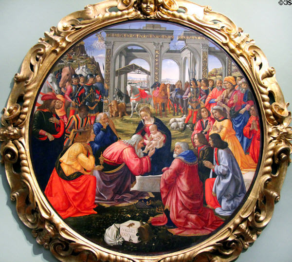 Adoration of the Magi painting (1487) by Ghirlandaio (aka Domenico Bigordi) at Uffizi Gallery. Florence, Italy.