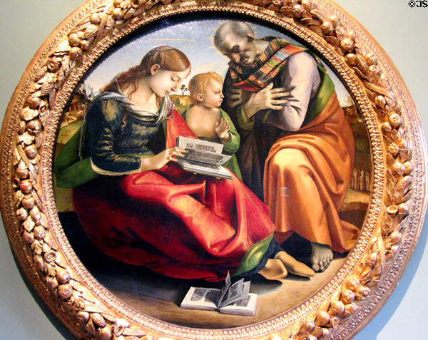 Holy Family painting (c1485-90) by Luca Signorelli at Uffizi Gallery. Florence, Italy.