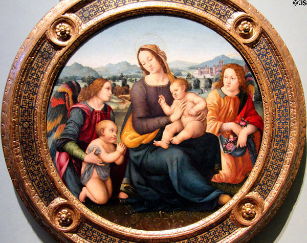 Madonna & Child with four angels & St John the Baptist painting (c1500-20) by Lorenzo di Credi & workshop at Uffizi Gallery. Florence, Italy.