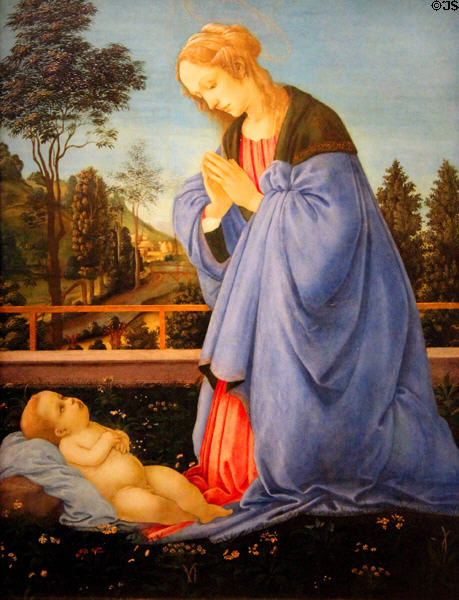 Adoration of the Child painting (1478-80) by Filippino Lippi at Uffizi Gallery. Florence, Italy.