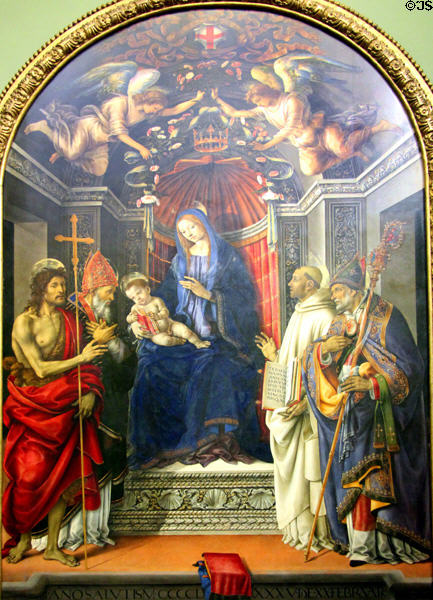 Madonna & Child Enthroned with St John the Baptist, St Victor, St Bernard, & St Zenobius painting (c1485-6) by Filippino Lippi at Uffizi Gallery. Florence, Italy.