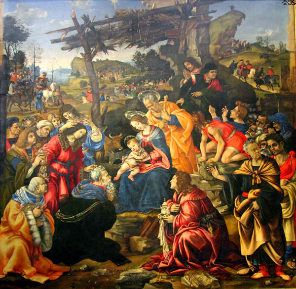 Adoration of the Magi painting (1496) by Filippino Lippi at Uffizi Gallery. Florence, Italy.