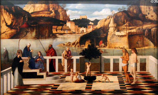 Sacred allegory painting (1490-99) by Giovanni Bellini at Uffizi Gallery. Florence, Italy.