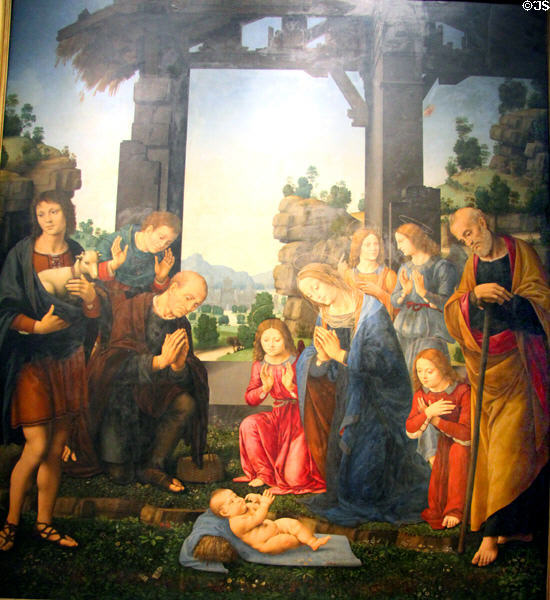 Adoration of the shepherds painting (c1495-7) by Lorenzo di Credi at Uffizi Gallery. Florence, Italy.
