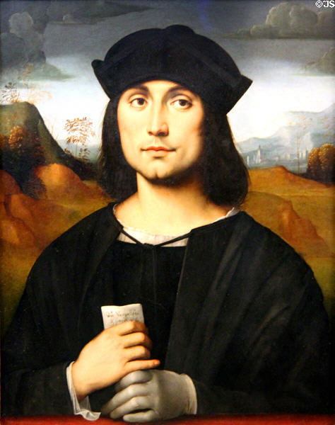 Portrait of Evangelista Scappi (c1505) by Francesco Raibolini (aka Francia) at Uffizi Gallery. Florence, Italy.