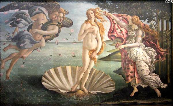 Birth of Venus painting (c1482-5) by Sandro Botticelli at Uffizi Gallery. Florence, Italy.