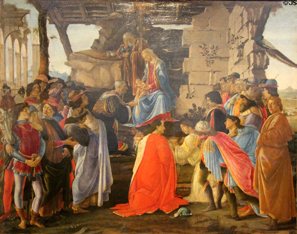 Adoration of the Magi painting (c1475) by Sandro Botticelli at Uffizi Gallery. Florence, Italy.