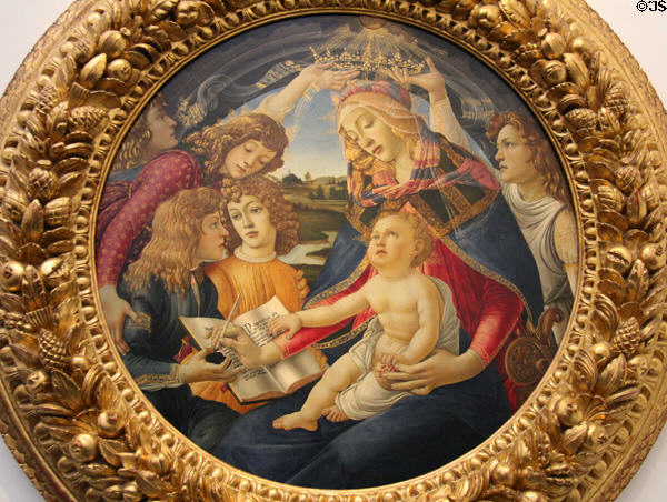 Madonna & Child with five angels painting (c1483) by Sandro Botticelli at Uffizi Gallery. Florence, Italy.