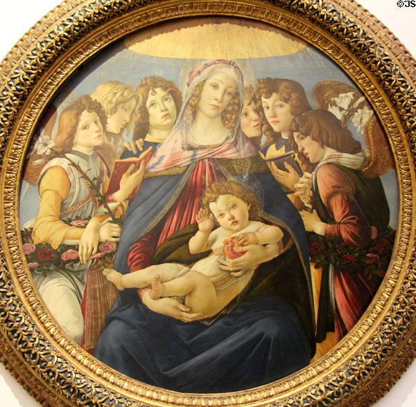 Madonna & Child of Pomegranate with six angels painting (1487) by Sandro Botticelli at Uffizi Gallery. Florence, Italy.