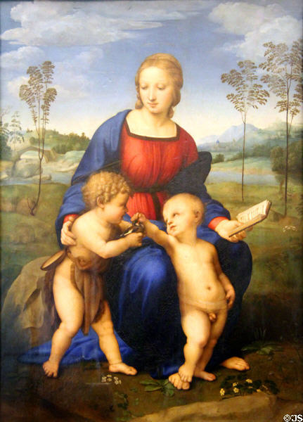 Madonna & Child with St John the Baptist painting (c1505-6) by Raphael Sanzio at Uffizi Gallery. Florence, Italy.
