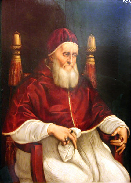 Portrait of Pope Julius II (1510-1) by Raphael Sanzio & workshop at Uffizi Gallery. Florence, Italy.