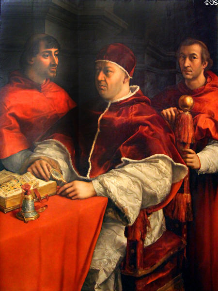 Portrait of Pope Leo X with Cardinals Giulio de' Medici & Luigi de' Rossi (c1518) by Raphael Sanzio at Uffizi Gallery. Florence, Italy.