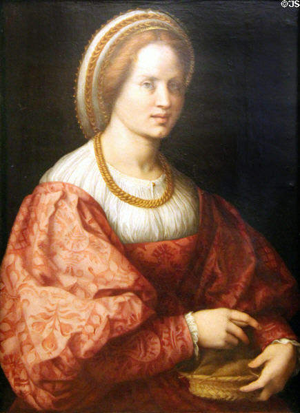 Portrait of woman with basket of spindles (c1514-5) by Andrea del Sarto (aka Andrea d'Agnolo) at Uffizi Gallery. Florence, Italy.
