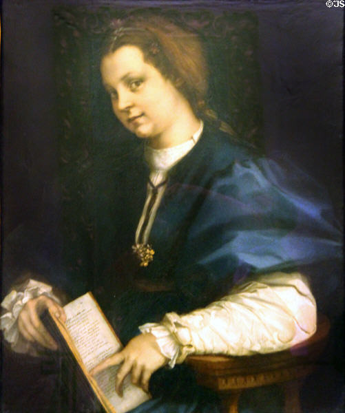 Portrait of young woman with book by Petrarch (c1528) by Andrea del Sarto (aka Andrea d'Agnolo) at Uffizi Gallery. Florence, Italy.