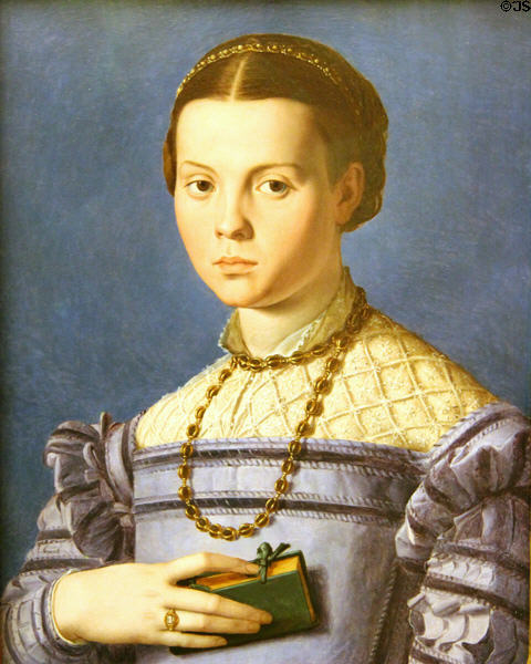 Portrait of girl with book (1542-5) by Bronzino at Uffizi Gallery. Florence, Italy.