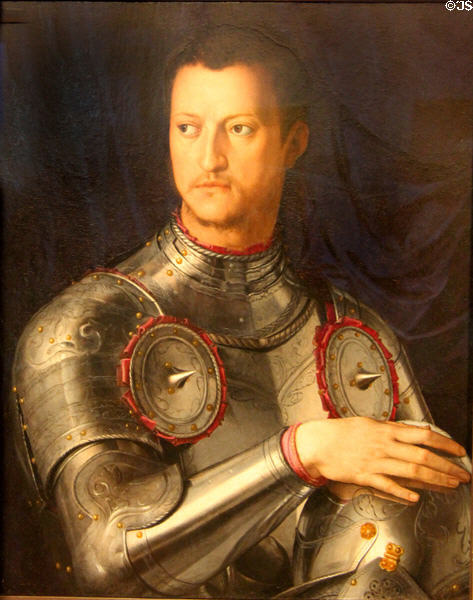 Portrait of Cosimo I in Armor (1543-6) by Bronzino at Uffizi Gallery. Florence, Italy.