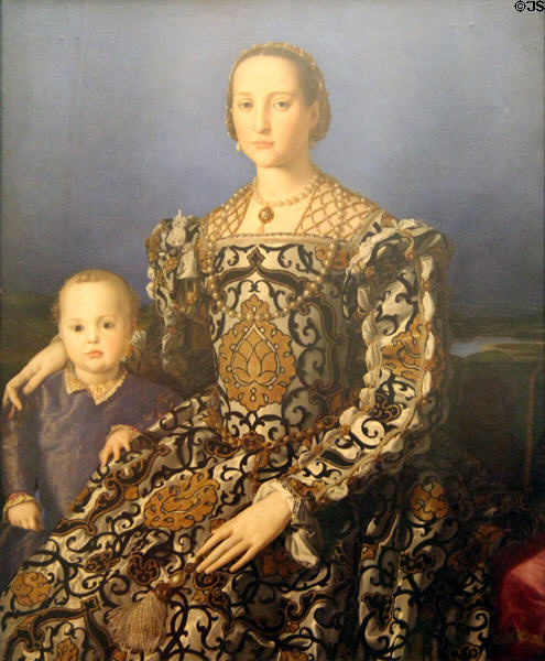 Portrait of Grand Duchess Eleonora of Toledo & son Giovanni (c1545) by Bronzino at Uffizi Gallery. Florence, Italy.