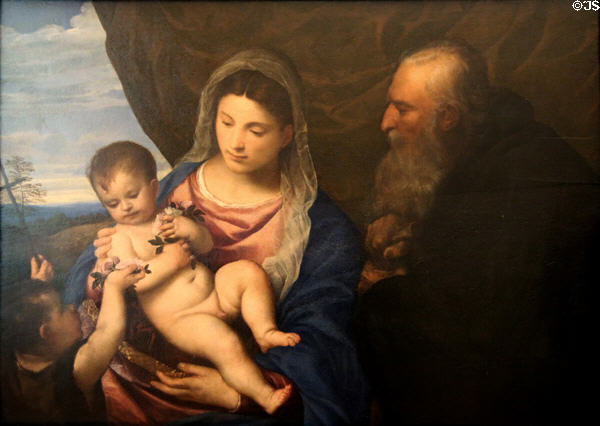 Madonna & Child (of the roses) with Infant St John the Baptist & St Anthony Abbot painting (c1530) by Titian (aka Tiziano Vecellio) at Uffizi Gallery. Florence, Italy.