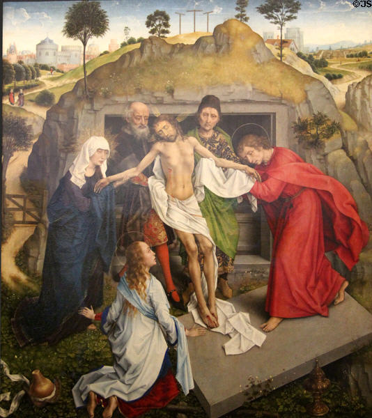 Deposition of Christ in Tomb with Mary, Nicodemus, Joseph of Arimathea & St. John the Evangelist painting (c1460) by Rogier van der Weyden at Uffizi Gallery. Florence, Italy.