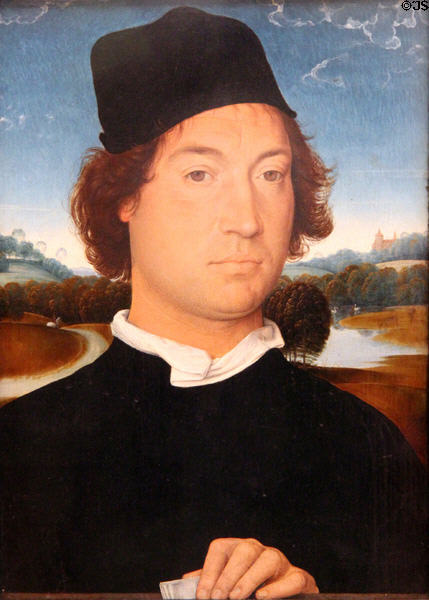 Portrait of man holding letter (1475-80) by Hans Memling at Uffizi Gallery. Florence, Italy.