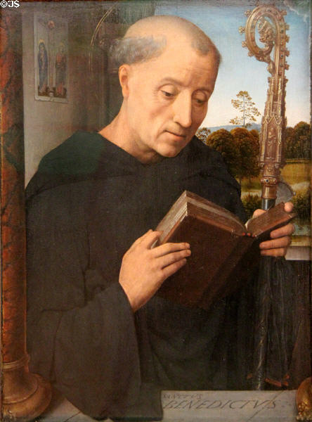 St Benedict painting (1487) by Hans Memling at Uffizi Gallery. Florence, Italy.