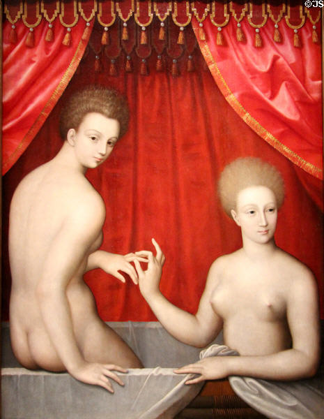 Portrait of Gabrielle d'Estrées & sister (late 16thC) by School of Fontainebleau at Uffizi Gallery. Florence, Italy.
