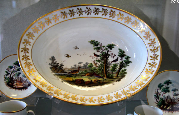 Porcelain bowl (1745-1800) painted with tree of bird by Doccia manufactory of Florence at Pitti Palace Ceramics Museum. Florence, Italy.