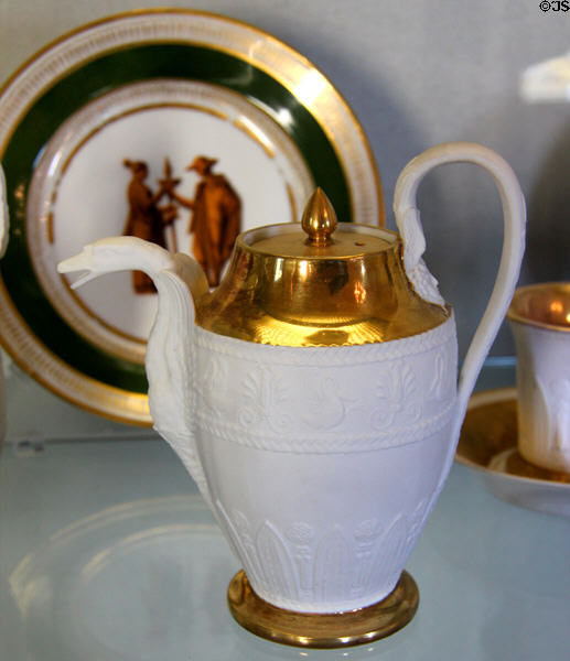 Dagoty porcelain swan coffee pot (c1810) at Pitti Palace Ceramics Museum. Florence, Italy.