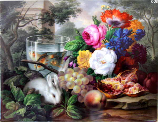 Vienna porcelain plaque painted with rabbit, goldfish & flowers still life (c1799) at Pitti Palace Ceramics Museum. Florence, Italy.