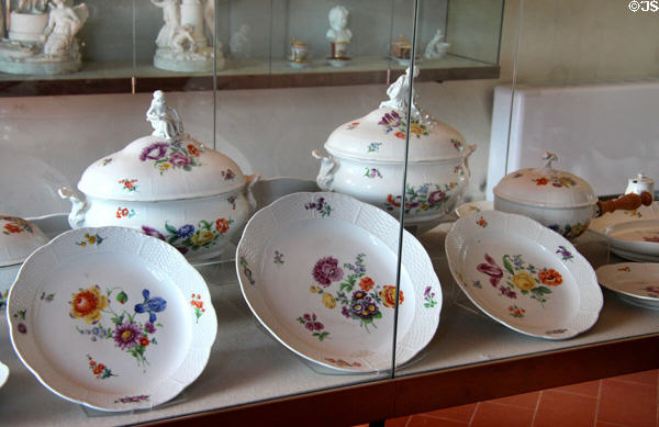 Meissen porcelain serving dishes painted with flowers (1800-50) at Pitti Palace Ceramics Museum. Florence, Italy.