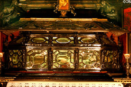 Crystal sarcophagus with body of St Charles Borromeo in Duomo crypt. Milan, Italy.