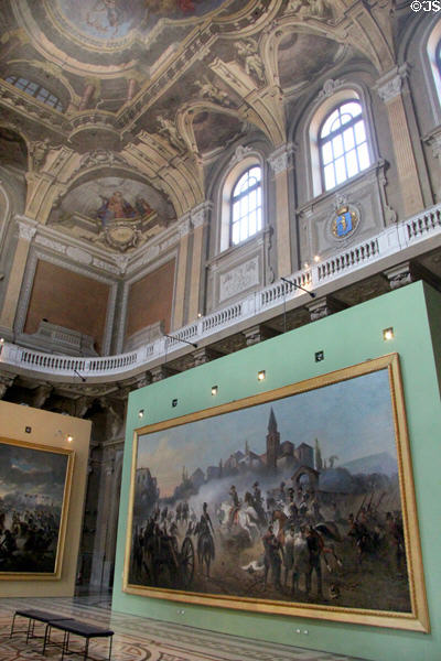 Chamber of Deputies of kingdom of Italy hall, not used due to transfer of capital from Turin to Florence, now a paintings gallery depicting military battles (1848-60) of Savoy army & Garibaldi's volunteers at Palazzo Carignano. Turin, Italy.