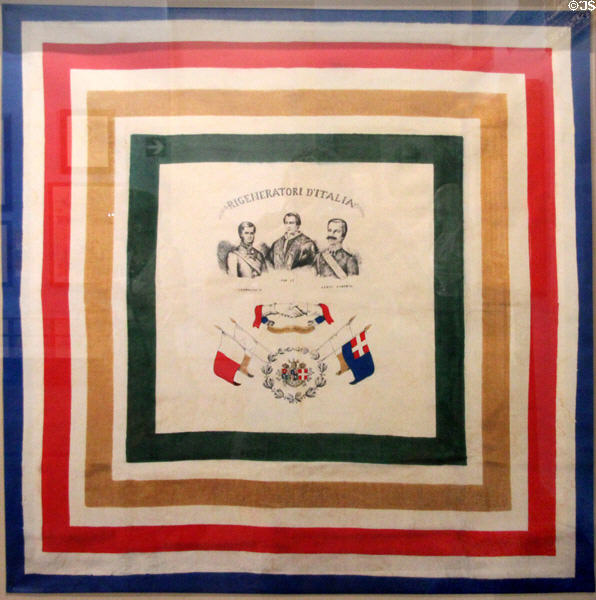Neckerchief celebrating Customs League (1847) during building of Italy at Risorgimento Museum. Turin, Italy.