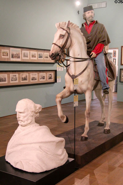 Design feature of Garibaldi monument in Savona (1928) & Giuseppe Garibaldi on horseback modeled from graphic (2011) at Risorgimento Museum. Turin, Italy.