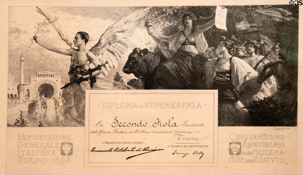 Diploma showing General Italian Expo of Turin lithograph (1898) by C. Chessa at Risorgimento Museum. Turin, Italy.