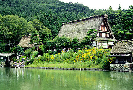 Steep sloped thatched roof buildings of the Takayama Hida Folk Village. Japan.