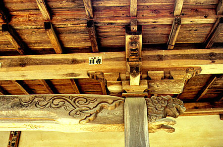 Lion on carved wooden Temple beams, Takayama. Japan.