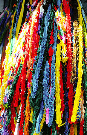 Chains of origami cranes hang in the Children's Peace Memorial Park. Japan.