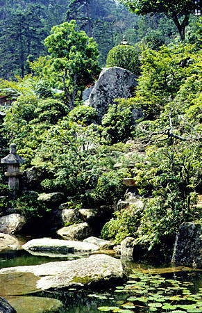 Pond and garden at the Daishoin Temple in Miya-jima. Japan.