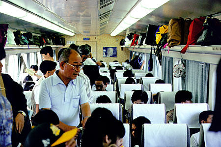 Interior of the bullet train Shinkansen. Japan.