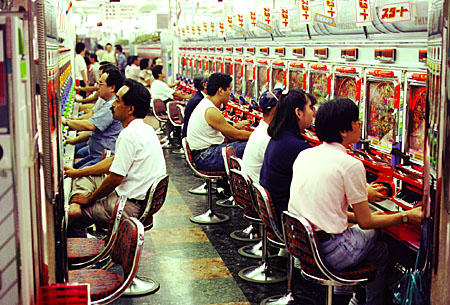 Pachinko parlor, a vertical pinball-like gambling game played in Japan.
