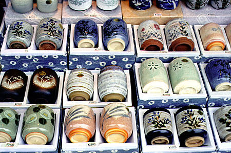Pairs of porcelain tea cups for sale in Kyoto. Japan.