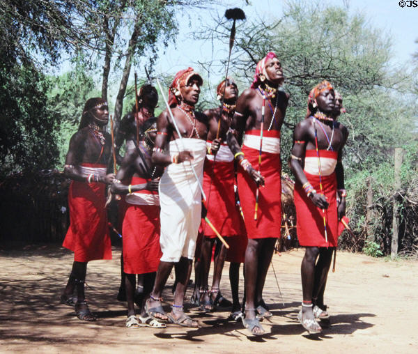 Samburu tribal dancers do traditional jump step. Kenya.