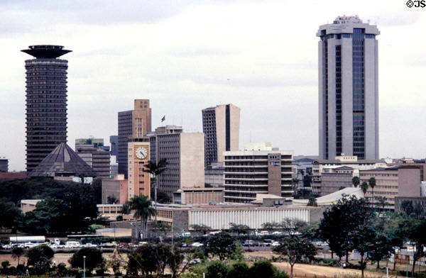 Nairobi skyline with Parliament tower from viewpoint on Cathedral Road. Kenya.