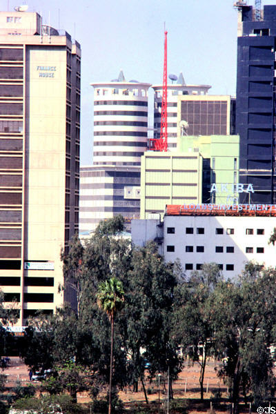 Aga Khan building with twin round towers stands out in Nairobi. Kenya.