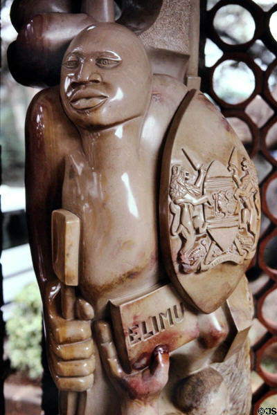 Statue bearing Kenyan national symbols in National Museum in Nairobi. Kenya.