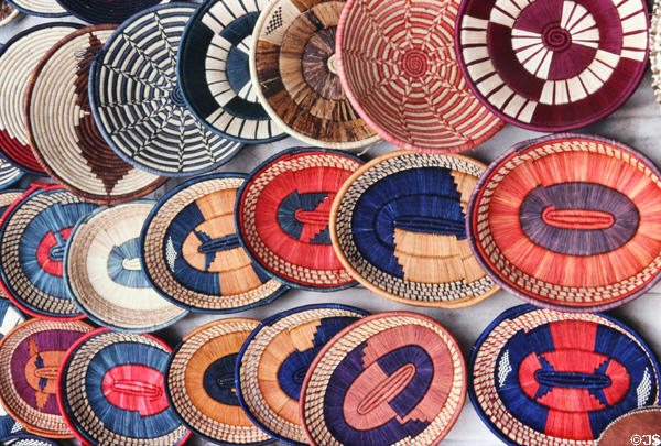 Colorful woven baskets at a crafts market in Nairobi suburbs. Kenya.