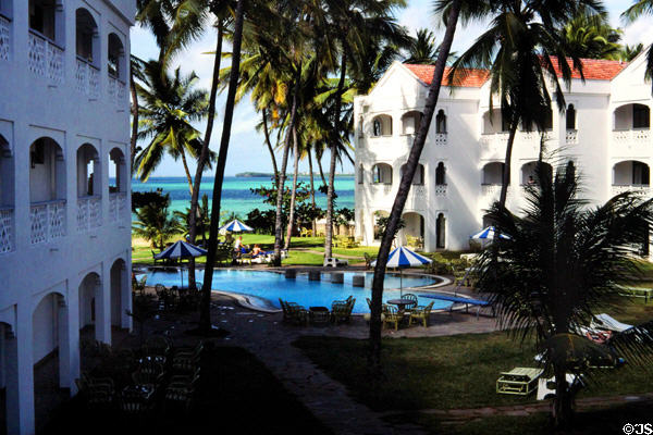 Luxurious grounds of Whitesands Hotel north of Mombasa. Kenya.